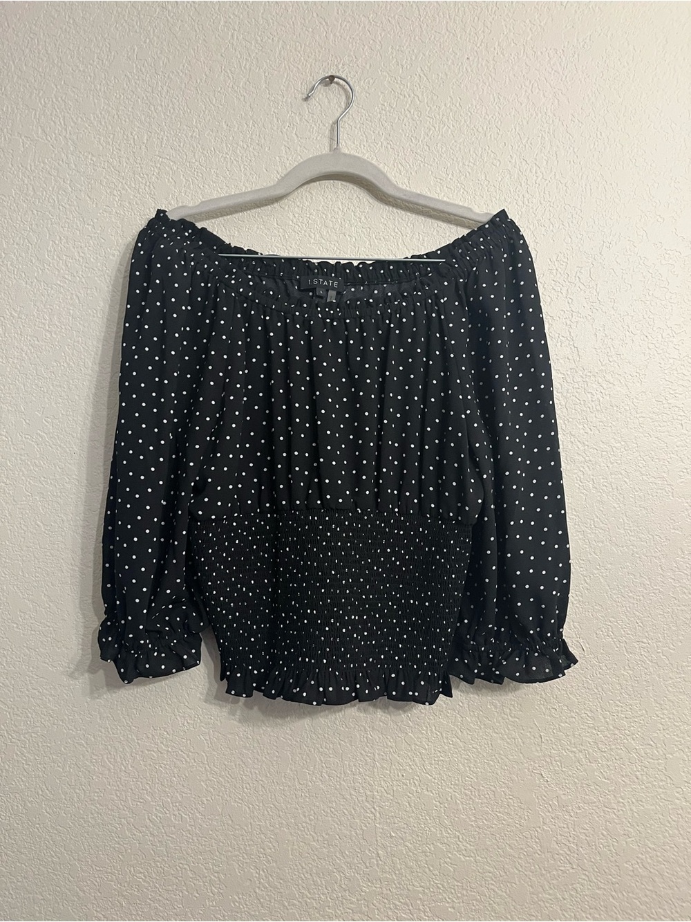1. State Black and White Polka Dot Off-Shoulder Smocked Blouse - Picture 1 of 6